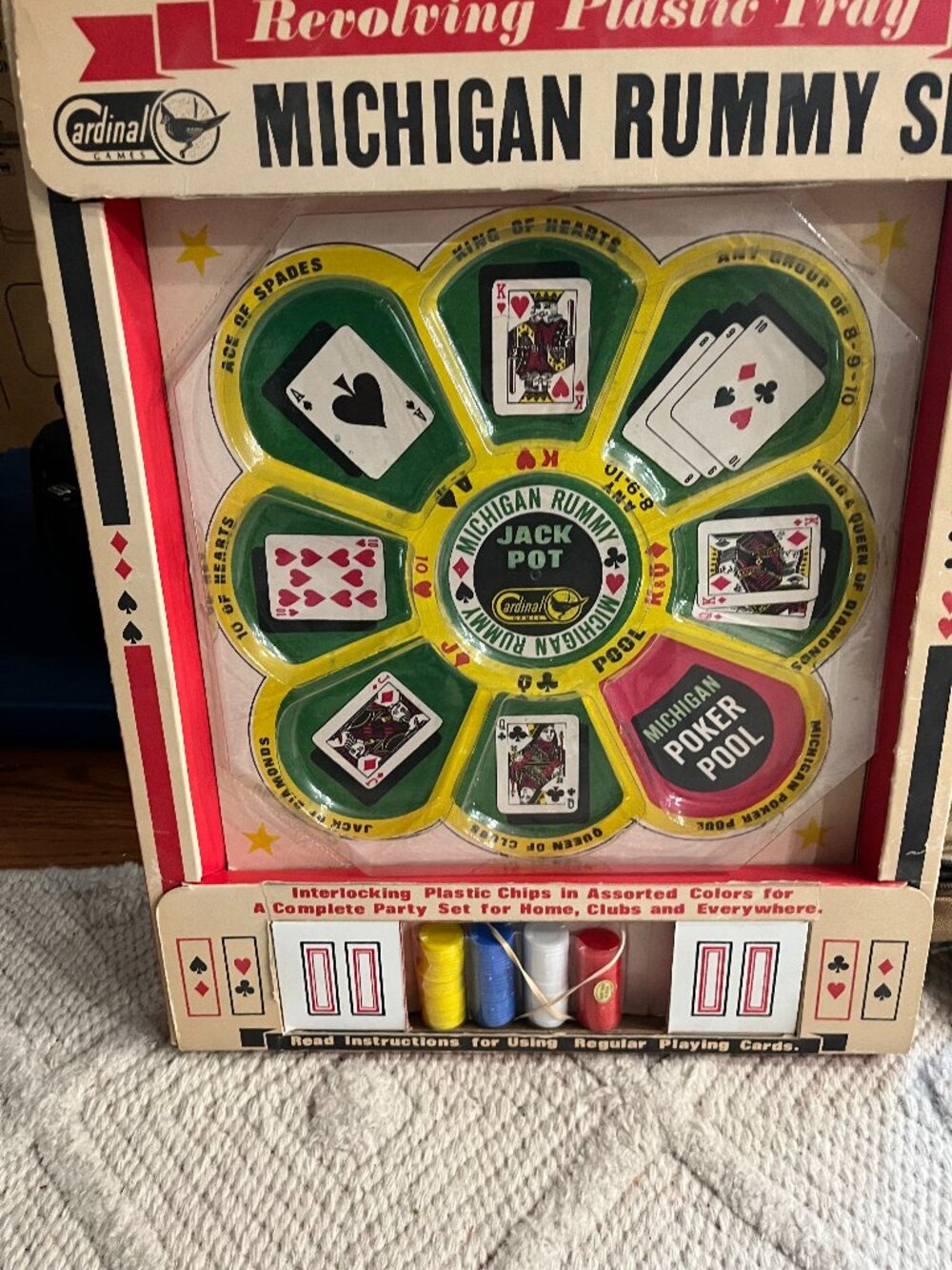 Vintage Cardinal Michigan Rummy Set Rotating Plastic Tray Chips